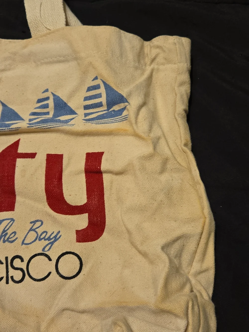 City By The Bay San Francisco Canvas Tote Bag - Cream with Red & Blue Print